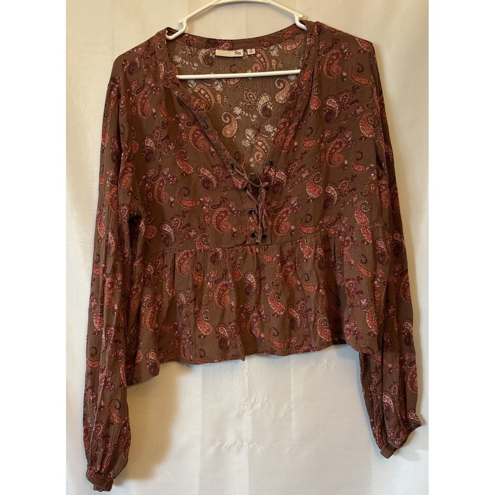 Kohls So‎ Blouse Boho Peplum Cropped Long Sleeve Paisley lace up M